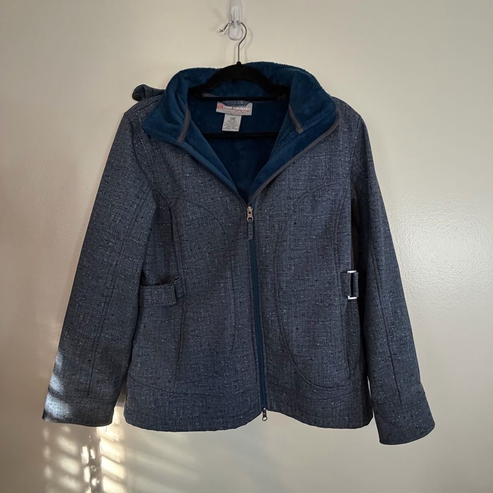 Free Country Coat Soft Shell Denim Look Size Large Blue Faux Fur Detachable Hood